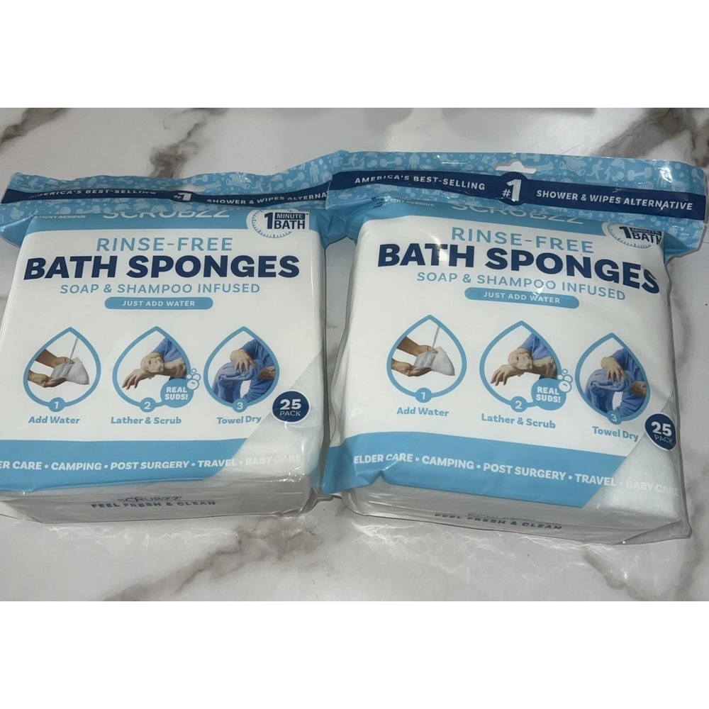 2 Pack Scrubzz Rinse-Free Bath Sponges Soap & Shampoo Infused‎ 50 Count Total